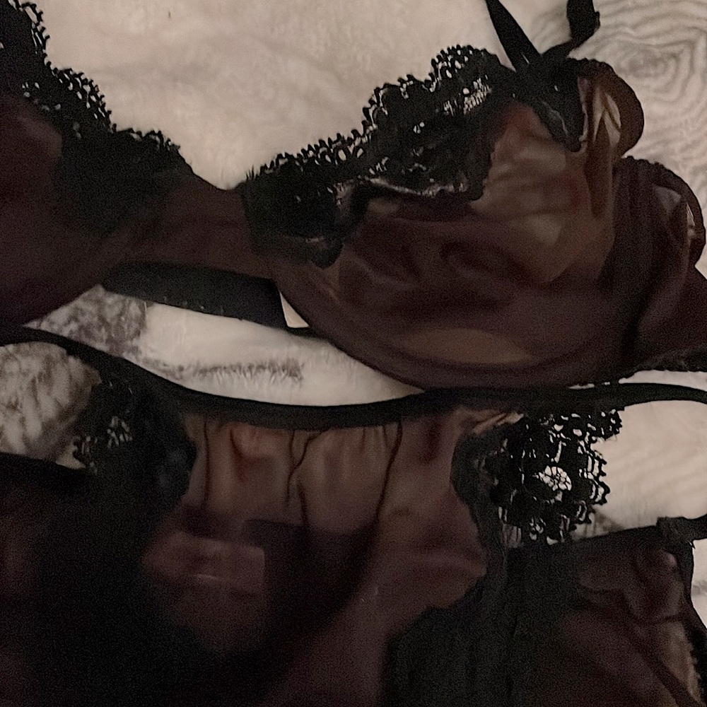 Wine with Black Lace Double Strap Bra and Panty Matching Set, Double Straps